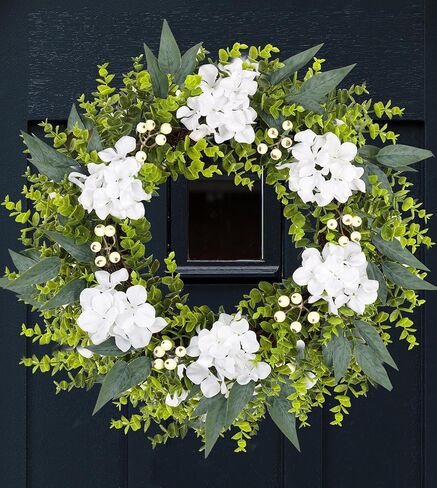 22-24 Inch Eucalyptus and Boxwood Wreaths for Front Door, Front Door Wreaths for All Seasons with White Flower & Berries, Spring Summer Fall Wreath for Home, Front Door, Porch, Window Decor in Saudi Arabia