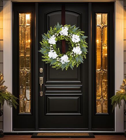 22-24 Inch Eucalyptus and Boxwood Wreaths for Front Door, Front Door Wreaths for All Seasons with White Flower & Berries, Spring Summer Fall Wreath for Home, Front Door, Porch, Window Decor in Saudi Arabia