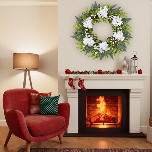22-24 Inch Eucalyptus and Boxwood Wreaths for Front Door, Front Door Wreaths for All Seasons with White Flower & Berries, Spring Summer Fall Wreath for Home, Front Door, Porch, Window Decor in Saudi Arabia
