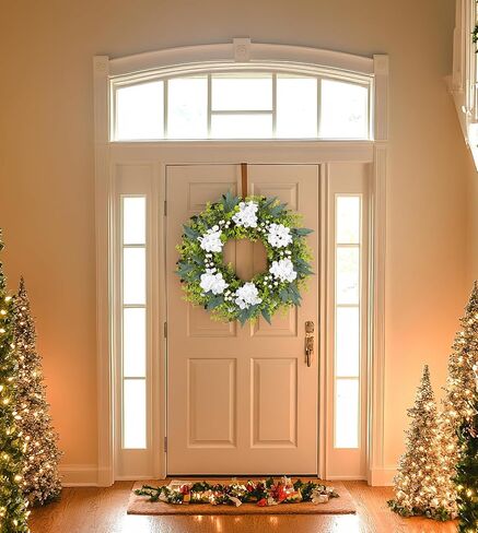22-24 Inch Eucalyptus and Boxwood Wreaths for Front Door, Front Door Wreaths for All Seasons with White Flower & Berries, Spring Summer Fall Wreath for Home, Front Door, Porch, Window Decor in Saudi Arabia