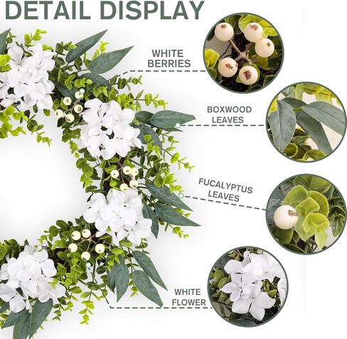 22-24 Inch Eucalyptus and Boxwood Wreaths for Front Door, Front Door Wreaths for All Seasons with White Flower & Berries, Spring Summer Fall Wreath for Home, Front Door, Porch, Window Decor in Saudi Arabia