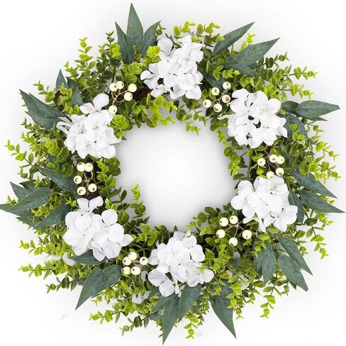 22-24 Inch Eucalyptus and Boxwood Wreaths for Front Door, Front Door Wreaths for All Seasons with White Flower & Berries, Spring Summer Fall Wreath for Home, Front Door, Porch, Window Decor in Saudi Arabia