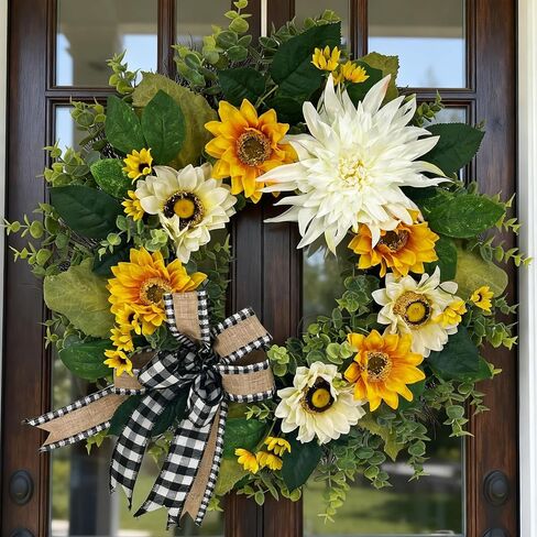 CYANBLOOM 24 Inch Summer Front Door Wreath – Modern Farmhouse Cream White & Yellow Sunflower Dahlia Wreath with Buffalo Plaid Bow, Outdoor Porch Wall Decor All Season, Housewarming Wedding Gift in Saudi Arabia