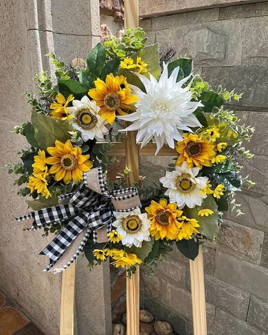 CYANBLOOM 24 Inch Summer Front Door Wreath – Modern Farmhouse Cream White & Yellow Sunflower Dahlia Wreath with Buffalo Plaid Bow, Outdoor Porch Wall Decor All Season, Housewarming Wedding Gift in Saudi Arabia