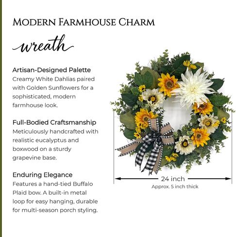 CYANBLOOM 24 Inch Summer Front Door Wreath – Modern Farmhouse Cream White & Yellow Sunflower Dahlia Wreath with Buffalo Plaid Bow, Outdoor Porch Wall Decor All Season, Housewarming Wedding Gift in Saudi Arabia