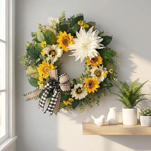 CYANBLOOM 24 Inch Summer Front Door Wreath – Modern Farmhouse Cream White & Yellow Sunflower Dahlia Wreath with Buffalo Plaid Bow, Outdoor Porch Wall Decor All Season, Housewarming Wedding Gift in Saudi Arabia