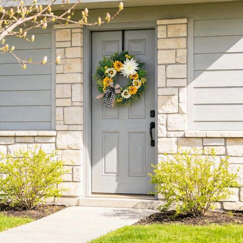 CYANBLOOM 24 Inch Summer Front Door Wreath – Modern Farmhouse Cream White & Yellow Sunflower Dahlia Wreath with Buffalo Plaid Bow, Outdoor Porch Wall Decor All Season, Housewarming Wedding Gift in Saudi Arabia