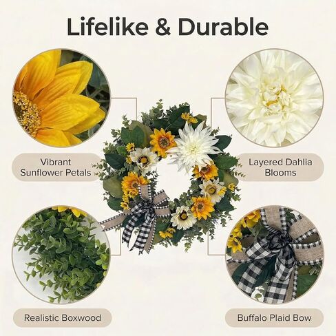 CYANBLOOM 24 Inch Summer Front Door Wreath – Modern Farmhouse Cream White & Yellow Sunflower Dahlia Wreath with Buffalo Plaid Bow, Outdoor Porch Wall Decor All Season, Housewarming Wedding Gift in Saudi Arabia