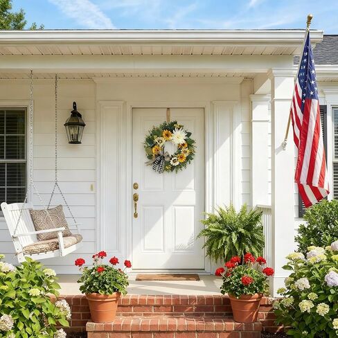 CYANBLOOM 24 Inch Summer Front Door Wreath – Modern Farmhouse Cream White & Yellow Sunflower Dahlia Wreath with Buffalo Plaid Bow, Outdoor Porch Wall Decor All Season, Housewarming Wedding Gift in Saudi Arabia