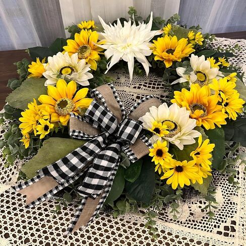 CYANBLOOM 24 Inch Summer Front Door Wreath – Modern Farmhouse Cream White & Yellow Sunflower Dahlia Wreath with Buffalo Plaid Bow, Outdoor Porch Wall Decor All Season, Housewarming Wedding Gift in Saudi Arabia