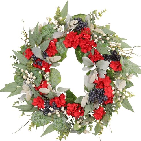 22 Inch Red Geranium Wreath for Front Door, UV Resistant Patriotic Floral Waterproof, 4th of July Memorial Day Americana Summer to Fall Decor in Saudi Arabia