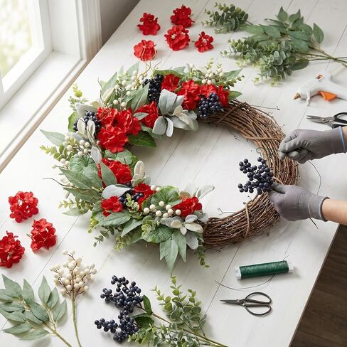 22 Inch Red Geranium Wreath for Front Door, UV Resistant Patriotic Floral Waterproof, 4th of July Memorial Day Americana Summer to Fall Decor in Saudi Arabia
