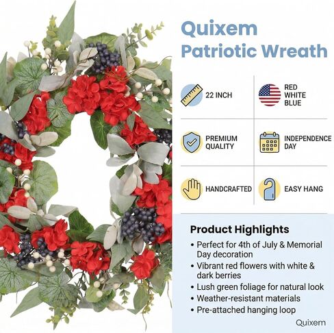 22 Inch Red Geranium Wreath for Front Door, UV Resistant Patriotic Floral Waterproof, 4th of July Memorial Day Americana Summer to Fall Decor in Saudi Arabia
