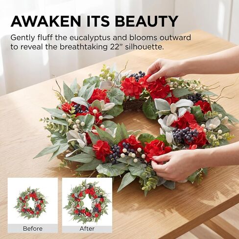 22 Inch Red Geranium Wreath for Front Door, UV Resistant Patriotic Floral Waterproof, 4th of July Memorial Day Americana Summer to Fall Decor in Saudi Arabia