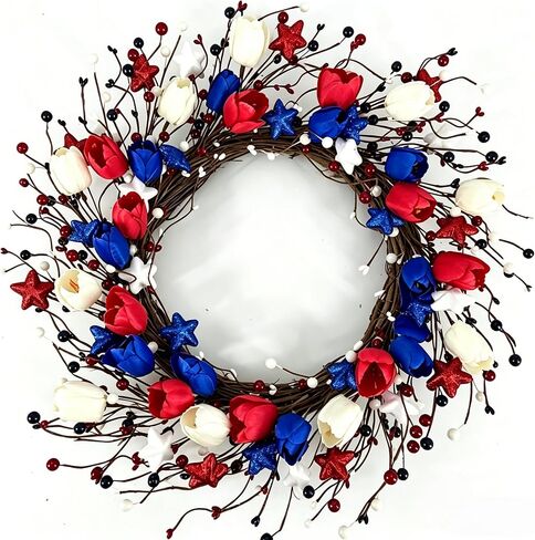 4th of July Wreath for Front Door Patriotic Tulip Wreath 22 Inch Independence Day Red White Blue Hanging Ornament with Berries Memorial Day Flag Day Decorations for Wall Window Home in Saudi Arabia