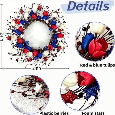 4th of July Wreath for Front Door Patriotic Tulip Wreath 22 Inch Independence Day Red White Blue Hanging Ornament with Berries Memorial Day Flag Day Decorations for Wall Window Home in Saudi Arabia