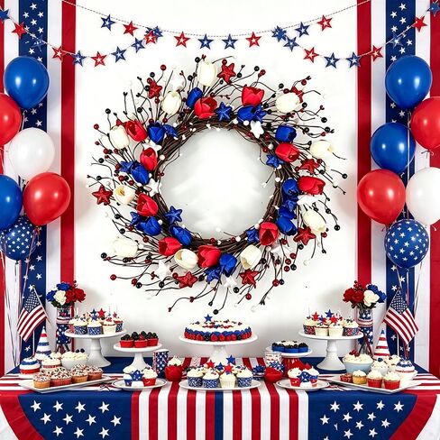 4th of July Wreath for Front Door Patriotic Tulip Wreath 22 Inch Independence Day Red White Blue Hanging Ornament with Berries Memorial Day Flag Day Decorations for Wall Window Home in Saudi Arabia