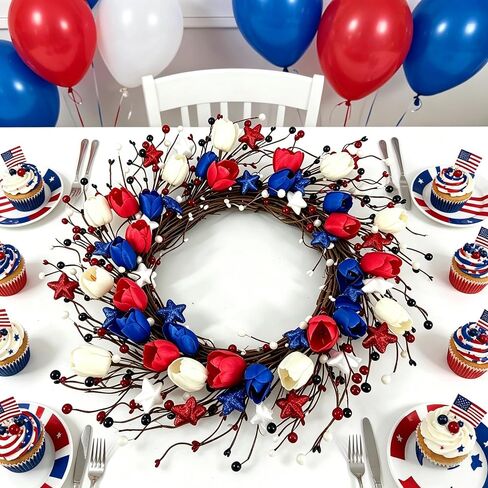 4th of July Wreath for Front Door Patriotic Tulip Wreath 22 Inch Independence Day Red White Blue Hanging Ornament with Berries Memorial Day Flag Day Decorations for Wall Window Home in Saudi Arabia