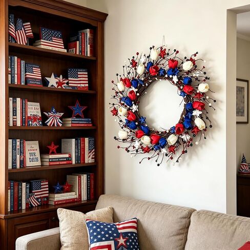 4th of July Wreath for Front Door Patriotic Tulip Wreath 22 Inch Independence Day Red White Blue Hanging Ornament with Berries Memorial Day Flag Day Decorations for Wall Window Home in Saudi Arabia