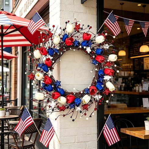 4th of July Wreath for Front Door Patriotic Tulip Wreath 22 Inch Independence Day Red White Blue Hanging Ornament with Berries Memorial Day Flag Day Decorations for Wall Window Home in Saudi Arabia