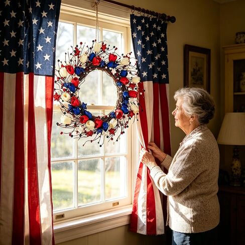 4th of July Wreath for Front Door Patriotic Tulip Wreath 22 Inch Independence Day Red White Blue Hanging Ornament with Berries Memorial Day Flag Day Decorations for Wall Window Home in Saudi Arabia
