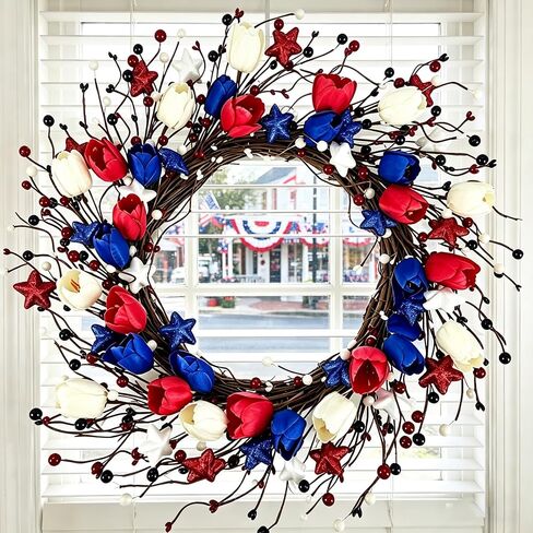 4th of July Wreath for Front Door Patriotic Tulip Wreath 22 Inch Independence Day Red White Blue Hanging Ornament with Berries Memorial Day Flag Day Decorations for Wall Window Home in Saudi Arabia