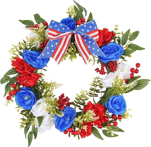 16 Inch Patriotic Wreath for Front Door, Red White Blue 4th of July Wreath, 250th Year Patriotic Wreath Decorations, Memorial Day Independence Day Summer Decorations for Indoor Outdoor in Kuwait
