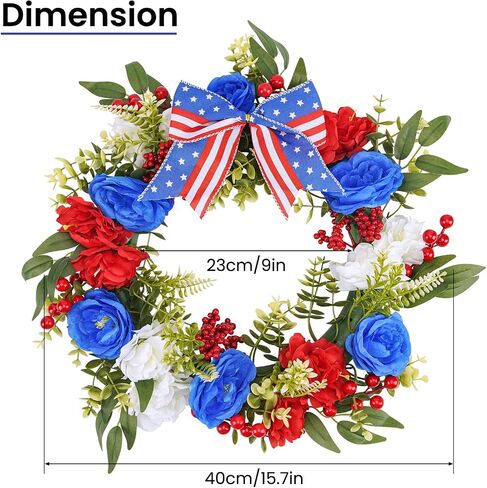 16 Inch Patriotic Wreath for Front Door, Red White Blue 4th of July Wreath, 250th Year Patriotic Wreath Decorations, Memorial Day Independence Day Summer Decorations for Indoor Outdoor in Kuwait