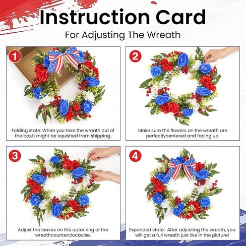 16 Inch Patriotic Wreath for Front Door, Red White Blue 4th of July Wreath, 250th Year Patriotic Wreath Decorations, Memorial Day Independence Day Summer Decorations for Indoor Outdoor in Kuwait