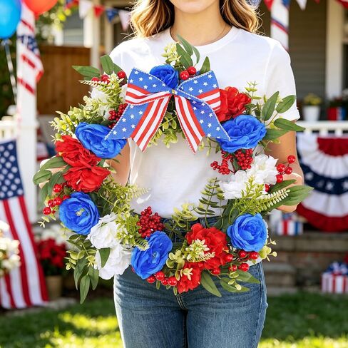 16 Inch Patriotic Wreath for Front Door, Red White Blue 4th of July Wreath, 250th Year Patriotic Wreath Decorations, Memorial Day Independence Day Summer Decorations for Indoor Outdoor in Kuwait