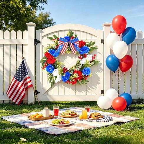 16 Inch Patriotic Wreath for Front Door, Red White Blue 4th of July Wreath, 250th Year Patriotic Wreath Decorations, Memorial Day Independence Day Summer Decorations for Indoor Outdoor in Kuwait