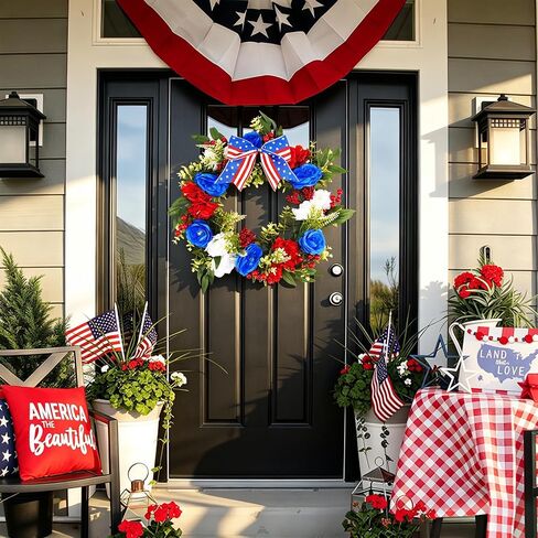 16 Inch Patriotic Wreath for Front Door, Red White Blue 4th of July Wreath, 250th Year Patriotic Wreath Decorations, Memorial Day Independence Day Summer Decorations for Indoor Outdoor in Kuwait