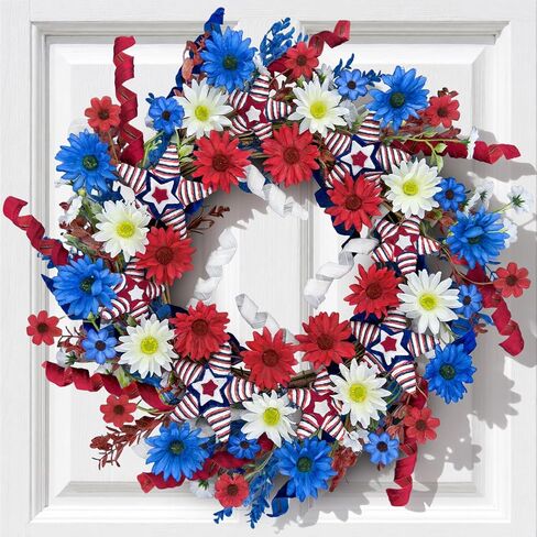 24" Patriotic Wreath for Front Door 4th of July Wreaths with Red White Blue Hand-Wrapped Star&Velvet Ribbon for 250th Anniversary USA Memorial Day, Independence Day Home Porch Wall Outdoor Decoration in Saudi Arabia