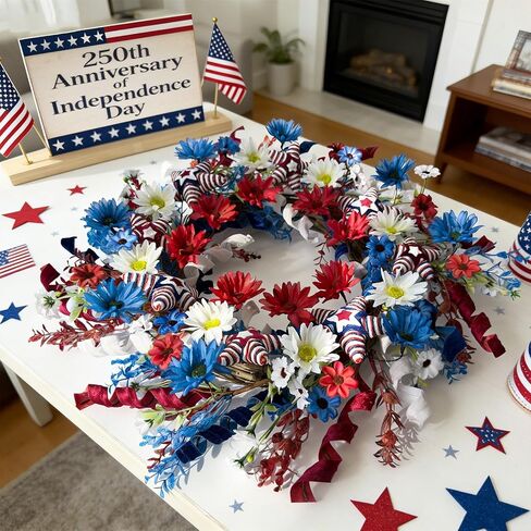 24" Patriotic Wreath for Front Door 4th of July Wreaths with Red White Blue Hand-Wrapped Star&Velvet Ribbon for 250th Anniversary USA Memorial Day, Independence Day Home Porch Wall Outdoor Decoration in Saudi Arabia