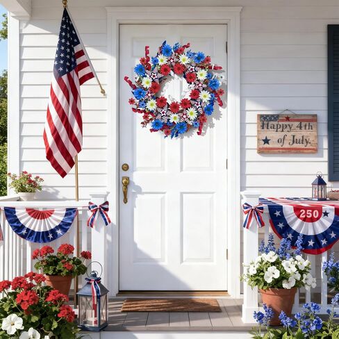 24" Patriotic Wreath for Front Door 4th of July Wreaths with Red White Blue Hand-Wrapped Star&Velvet Ribbon for 250th Anniversary USA Memorial Day, Independence Day Home Porch Wall Outdoor Decoration in Saudi Arabia