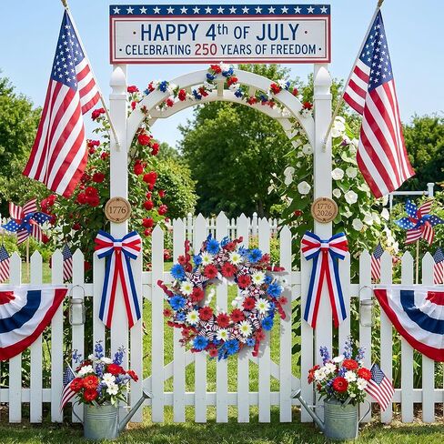 24" Patriotic Wreath for Front Door 4th of July Wreaths with Red White Blue Hand-Wrapped Star&Velvet Ribbon for 250th Anniversary USA Memorial Day, Independence Day Home Porch Wall Outdoor Decoration in Saudi Arabia