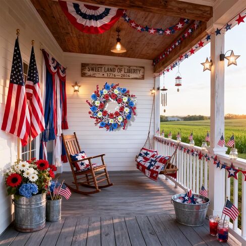 24" Patriotic Wreath for Front Door 4th of July Wreaths with Red White Blue Hand-Wrapped Star&Velvet Ribbon for 250th Anniversary USA Memorial Day, Independence Day Home Porch Wall Outdoor Decoration in Saudi Arabia