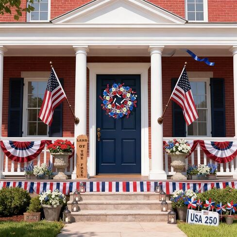 24" Patriotic Wreath for Front Door 4th of July Wreaths with Red White Blue Hand-Wrapped Star&Velvet Ribbon for 250th Anniversary USA Memorial Day, Independence Day Home Porch Wall Outdoor Decoration in Saudi Arabia