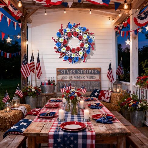 24" Patriotic Wreath for Front Door 4th of July Wreaths with Red White Blue Hand-Wrapped Star&Velvet Ribbon for 250th Anniversary USA Memorial Day, Independence Day Home Porch Wall Outdoor Decoration in Saudi Arabia