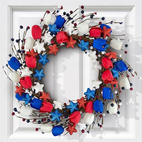 21" Patriotic Wreath for Front Door 4th of July Wreaths with Red White Blue Tulip Flowers&Berry for 250th Anniversary USA Memorial Day, Independence Day Home Porch Wall Outdoor Farmhouse Decoration in Saudi Arabia