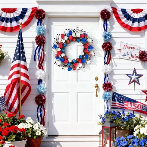 21" Patriotic Wreath for Front Door 4th of July Wreaths with Red White Blue Tulip Flowers&Berry for 250th Anniversary USA Memorial Day, Independence Day Home Porch Wall Outdoor Farmhouse Decoration in Saudi Arabia