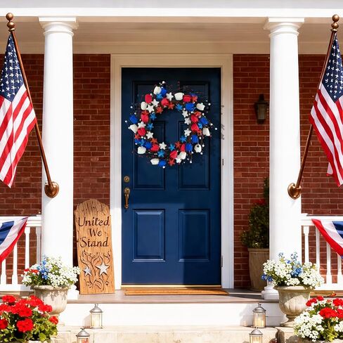 21" Patriotic Wreath for Front Door 4th of July Wreaths with Red White Blue Tulip Flowers&Berry for 250th Anniversary USA Memorial Day, Independence Day Home Porch Wall Outdoor Farmhouse Decoration in Saudi Arabia