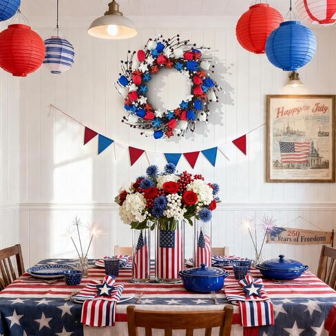 21" Patriotic Wreath for Front Door 4th of July Wreaths with Red White Blue Tulip Flowers&Berry for 250th Anniversary USA Memorial Day, Independence Day Home Porch Wall Outdoor Farmhouse Decoration in Saudi Arabia