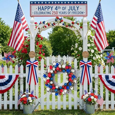 21" Patriotic Wreath for Front Door 4th of July Wreaths with Red White Blue Tulip Flowers&Berry for 250th Anniversary USA Memorial Day, Independence Day Home Porch Wall Outdoor Farmhouse Decoration in Saudi Arabia