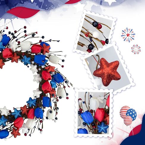 21" Patriotic Wreath for Front Door 4th of July Wreaths with Red White Blue Tulip Flowers&Berry for 250th Anniversary USA Memorial Day, Independence Day Home Porch Wall Outdoor Farmhouse Decoration in Saudi Arabia