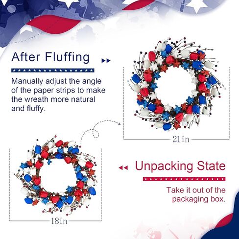 21" Patriotic Wreath for Front Door 4th of July Wreaths with Red White Blue Tulip Flowers&Berry for 250th Anniversary USA Memorial Day, Independence Day Home Porch Wall Outdoor Farmhouse Decoration in Saudi Arabia