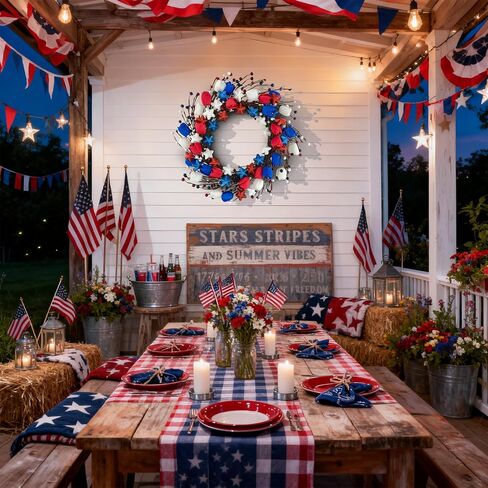 21" Patriotic Wreath for Front Door 4th of July Wreaths with Red White Blue Tulip Flowers&Berry for 250th Anniversary USA Memorial Day, Independence Day Home Porch Wall Outdoor Farmhouse Decoration in Saudi Arabia