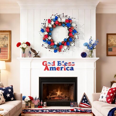 21" Patriotic Wreath for Front Door 4th of July Wreaths with Red White Blue Tulip Flowers&Berry for 250th Anniversary USA Memorial Day, Independence Day Home Porch Wall Outdoor Farmhouse Decoration in Saudi Arabia