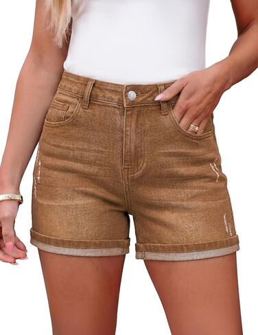 luvamia Jean Shorts Womens Summer High Waisted Stretchy Denim Shorts Casual Distressed Ripped Fold Hem Jorts with Pocket in Kuwait