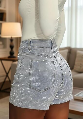 LKOUS المرأة الترتر جان السراويل Y2K سباركلي بريق عالية الخصر البسيطة الدنيم السراويل Bodycon الهذيان حزب قيعان in Kuwait